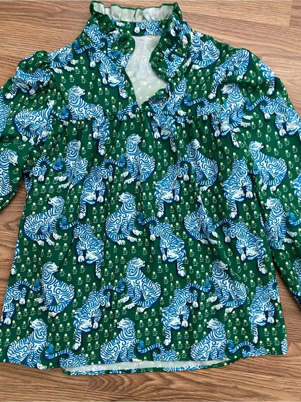 Green & Blue Tiger Printed Peasant Top